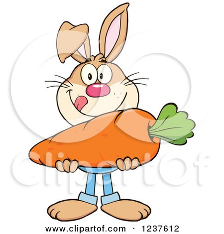 Clipart of a Brown Rabbit Holding a Giant Carrot - Royalty Free Vector Illustration by Hit Toon