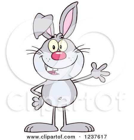Clipart of a Happy Gray Rabbit Waving - Royalty Free Vector Illustration by Hit Toon