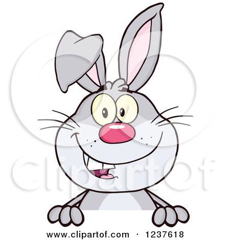 Clipart of a Happy Gray Rabbit over a Sign - Royalty Free Vector Illustration by Hit Toon