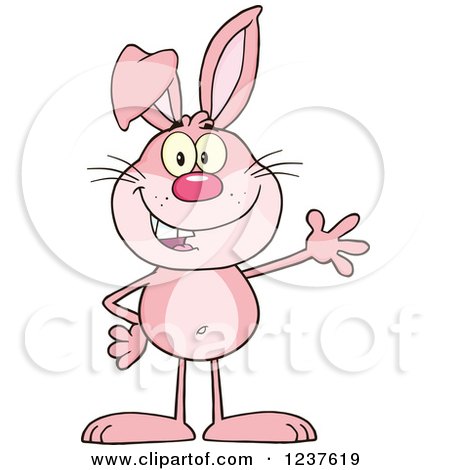 Clipart of a Happy Pink Rabbit Waving - Royalty Free Vector Illustration by Hit Toon