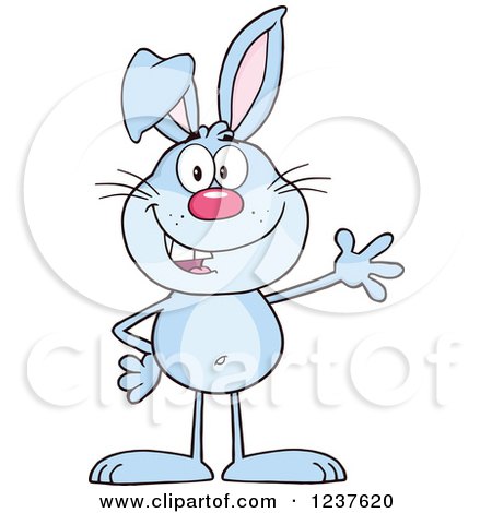 Clipart of a Happy Blue Rabbit Waving - Royalty Free Vector Illustration by Hit Toon