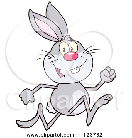 Clipart of a Happy Gray Rabbit Running a Race - Royalty Free Vector Illustration by Hit Toon