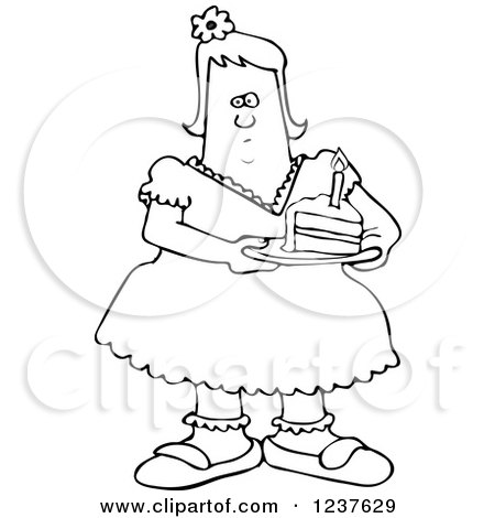 Clipart of a Black and White Fat Girl Holding a Slice of Birthday Cake - Royalty Free Vector Illustration by djart
