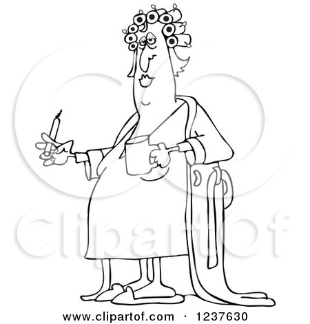 Clipart of a Black and White Fat Woman in Curlers and a Robe, Smoking a Cigarette and Holding Coffee - Royalty Free Vector Illustration by djart
