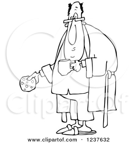 Clipart of a Black and White Chubby Man with a Cookie Coffee and Robe - Royalty Free Vector Illustration by djart