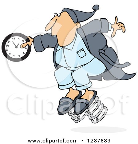 Clipart of a Caucasian Man in Pajamas, Springing Forward with a Clock - Royalty Free Vector Illustration by djart