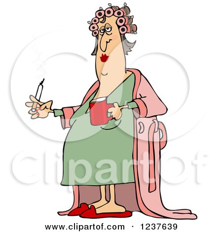 Clipart of a Fat Caucasian Woman in Curlers and a Robe, Smoking a Cigarette and Holding Coffee - Royalty Free Vector Illustration by djart