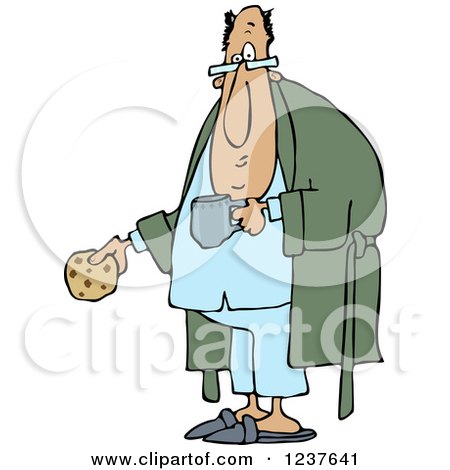 Clipart of a Chubby Man with a Cookie Coffee and Robe - Royalty Free Vector Illustration by djart