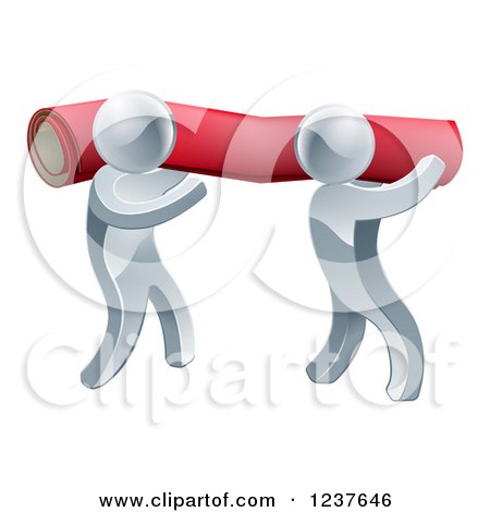 Clipart of 3d Silver Carpet Installers Carrying a Roll - Royalty Free Vector Illustration by AtStockIllustration