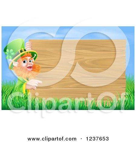 Clipart of a St Patricks Day Leprechaun Pointing to a Wooden Sign over Grass and Sky - Royalty Free Vector Illustration by AtStockIllustration