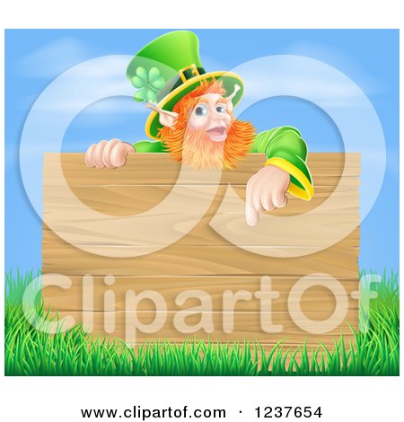 Clipart of a St Patricks Day Leprechaun Pointing down to a Wooden Sign over Grass and Sky - Royalty Free Vector Illustration by AtStockIllustration