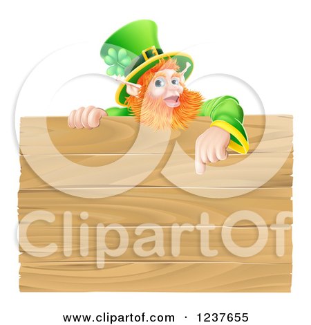 Clipart of a St Patricks Day Leprechaun Pointing down to a Wooden Sign - Royalty Free Vector Illustration by AtStockIllustration