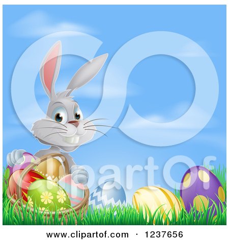 Clipart of a Gray Bunny Rabbit with Easter Eggs and a Basket Against Sky - Royalty Free Vector Illustration by AtStockIllustration