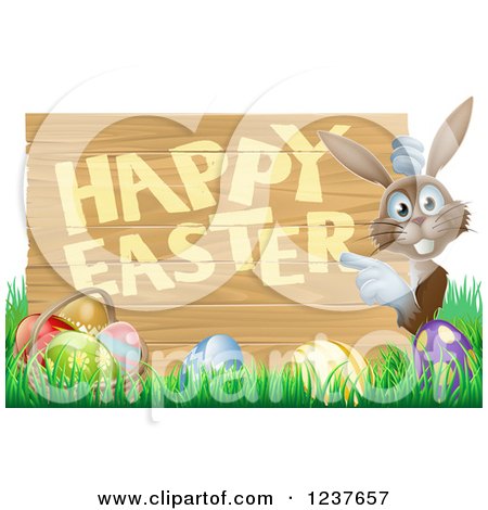 Clipart of a Brown Bunny Pointing to a Happy Easter Sign, with Easter Eggs in Grass - Royalty Free Vector Illustration by AtStockIllustration