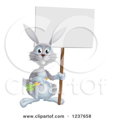 Clipart of a Happy Gray Rabbit Holding a Carrot and Blank Sign - Royalty Free Vector Illustration by AtStockIllustration