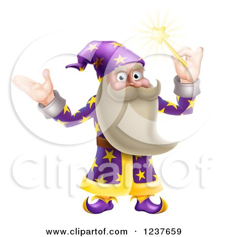 Clipart of a Friendly Old Wizard Holding up a Magic Wand - Royalty Free Vector Illustration by AtStockIllustration