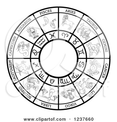Clipart of a Black and White Horoscope Astrology Star Sign Circle - Royalty Free Vector Illustration by AtStockIllustration