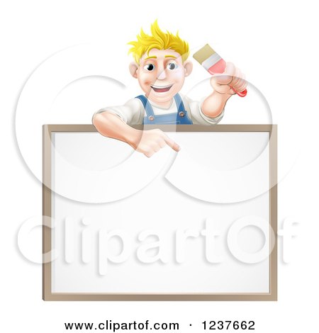 Clipart of a Happy Blond Male House Painter Holding a Brush and Pointing down to a White Board Sign - Royalty Free Vector Illustration by AtStockIllustration