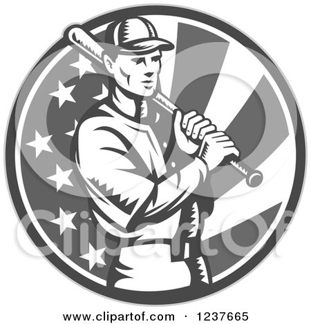 Clipart of a Black and White Woodcut Baseball Player Batting over a Grayscale American Flag Circle - Royalty Free Vector Illustration by patrimonio