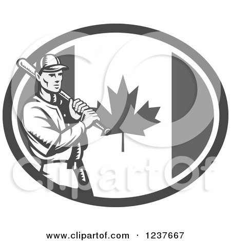 Clipart of a Black and White Woodcut Baseball Player Batting over a Grayscale Canadian Flag Oval - Royalty Free Vector Illustration by patrimonio