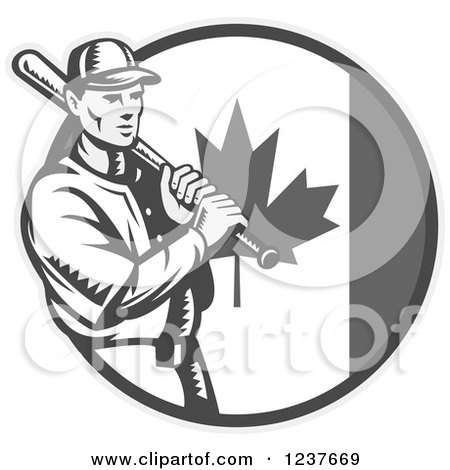 Clipart of a Black and White Woodcut Baseball Player Batting over a Grayscale Canadian Flag Circle - Royalty Free Vector Illustration by patrimonio