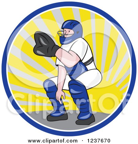 Clipart of a Cartoon Baseball Catcher Man Crouching in a Sunshine Circle - Royalty Free Vector Illustration by patrimonio