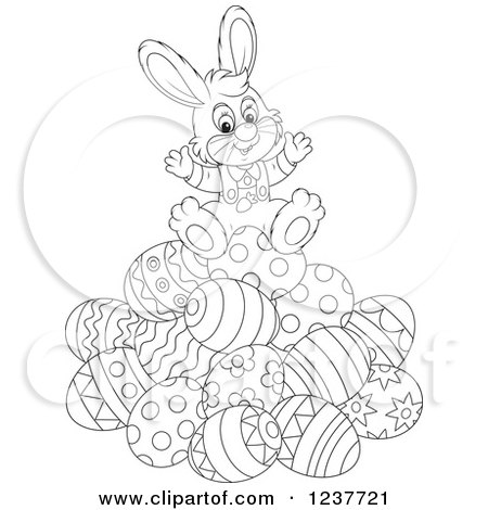 Clipart of a Black and White Cute Easter Bunny Sitting on a Pile of Eggs - Royalty Free Vector Illustration by Alex Bannykh