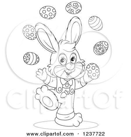 Clipart of a Black and White Cute Easter Bunny Juggling Eggs - Royalty Free Vector Illustration by Alex Bannykh