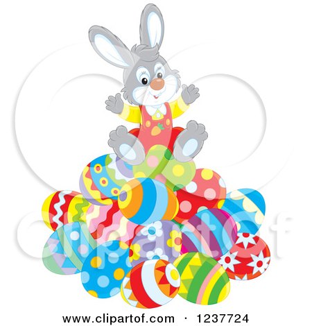 Clipart of a Cute Gray Easter Bunny Sitting on a Pile of Eggs - Royalty Free Vector Illustration by Alex Bannykh