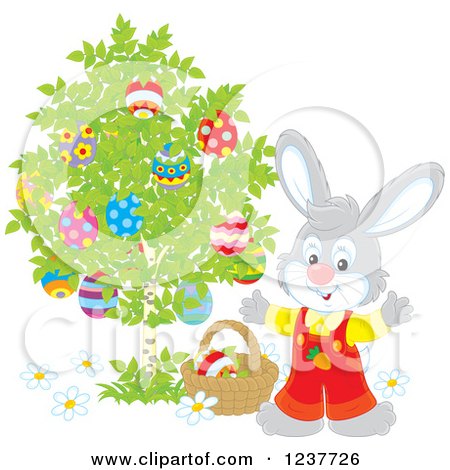 Clipart of a Cute Gray Easter Bunny Picking Eggs from a Tree - Royalty Free Vector Illustration by Alex Bannykh
