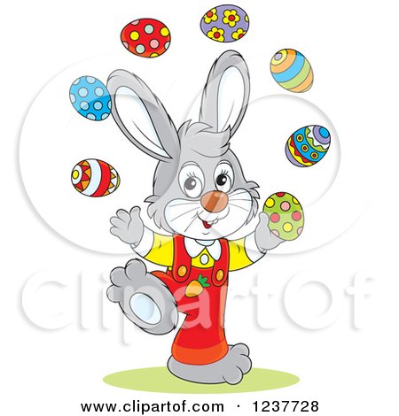 Clipart of a Cute Talented Gray Easter Bunny Juggling Eggs - Royalty Free Vector Illustration by Alex Bannykh