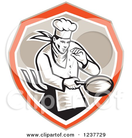 Clipart of a Retro Woodcut Chef Holding a Frying Pan in a Tan and Orange Shield - Royalty Free Vector Illustration by patrimonio