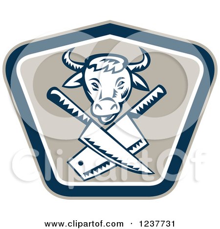 Clipart of a Retro Woodcut Cow over Crossed Butcher Knives in a Shield - Royalty Free Vector Illustration by patrimonio