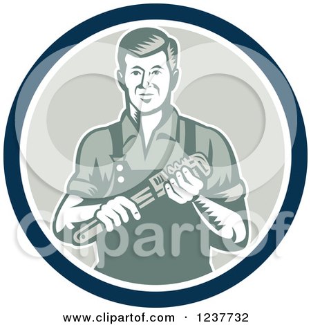 Clipart of a Retro Plumber Worker Man Holding a Monkey Wrench in a Circle - Royalty Free Vector Illustration by patrimonio