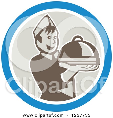 Clipart of a Young Male Chef Holding out a Cloche Platter in a Blue and Beige Circle - Royalty Free Vector Illustration by patrimonio