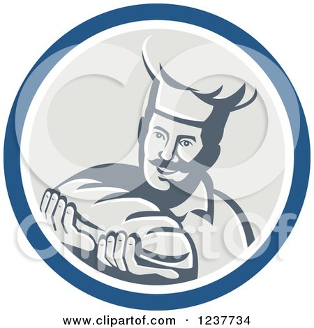Clipart of a Retro Male Chef Baker Holding Bread in a Beige and Blue Circle - Royalty Free Vector Illustration by patrimonio