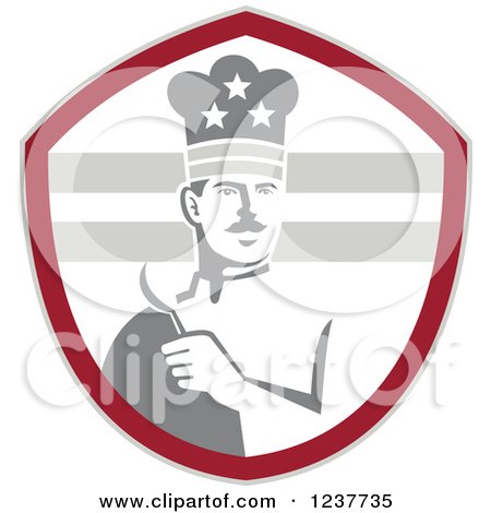 Clipart of a Grayscale American Chef Holding a Spoon in a Red Shield - Royalty Free Vector Illustration by patrimonio