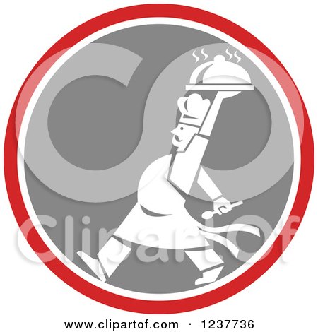Clipart of a White Male Chef Carrying a Cloche Platter in a Red and Gray Circle - Royalty Free Vector Illustration by patrimonio