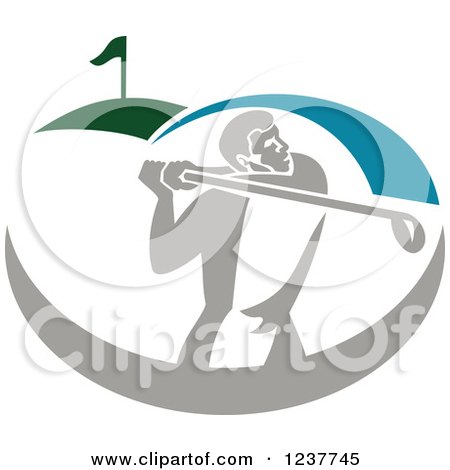 Clipart of a Retro Golfer Swinging on a Course - Royalty Free Vector Illustration by patrimonio