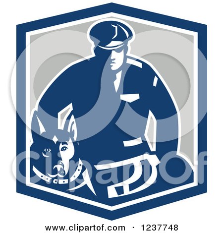 Clipart of a Blue Guard Dog and Security Officer in a Shield - Royalty Free Vector Illustration by patrimonio