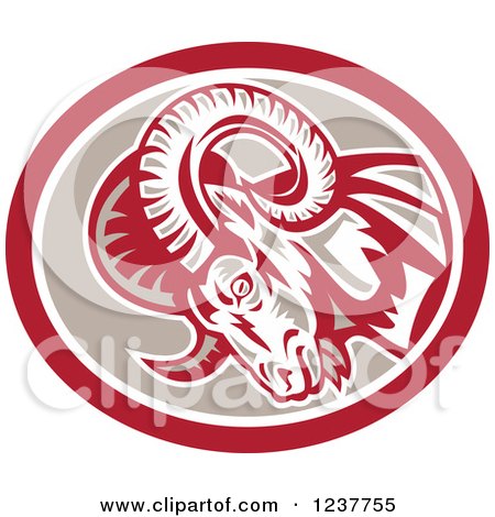 Clipart of a Charging Ram in a Tan and Red Oval - Royalty Free Vector Illustration by patrimonio