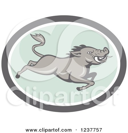 Clipart of a Gray Razorback Boar Leaping in a Gray and Pastel Green Oval - Royalty Free Vector Illustration by patrimonio