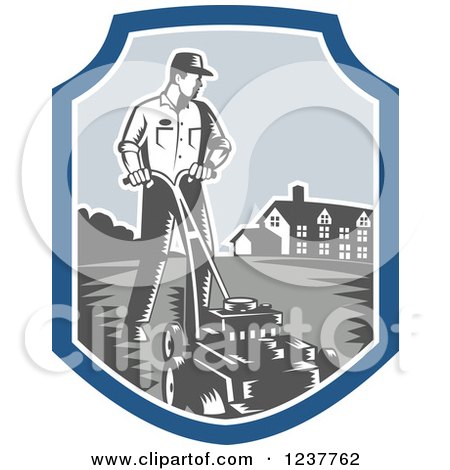 Clipart of a Retro Woodcut Landscaper Mowing a Lawn near a House - Royalty Free Vector Illustration by patrimonio