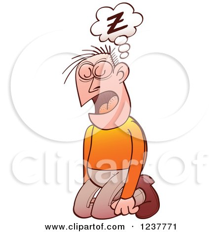 Clipart of an Exhausted Caucasian Man Sleeping on His Knees - Royalty Free Vector Illustration by Zooco