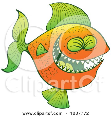 Clipart of a Laughing Green and Orange Carnivorous Fish - Royalty Free Vector Illustration by Zooco
