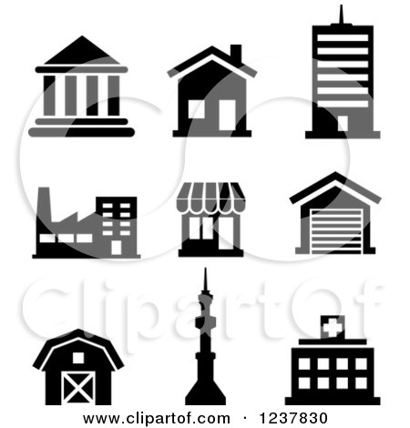 Clipart of Black and White Building Icons - Royalty Free Vector Illustration by Vector Tradition SM