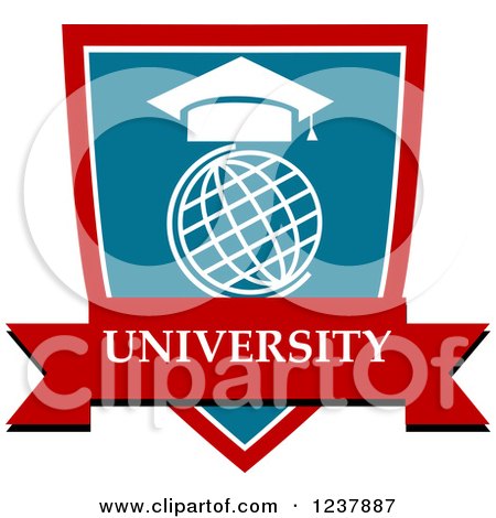 Clipart of a Blue and Red University Shield with a Globe and Mortar Board - Royalty Free Vector Illustration by Vector Tradition SM