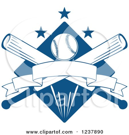 Clipart of a Blue Diamond with a Baseball Crossed Bats Banners and Stars - Royalty Free Vector Illustration by Vector Tradition SM