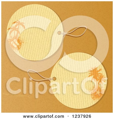 Clipart of Round Tropical Sandal and Starfish Palm Tree Tags on Brown Paper - Royalty Free Vector Illustration by elaineitalia