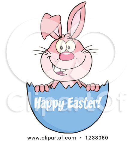 Clipart of a Pink Rabbit in an Egg Shell with Happy Easter Text - Royalty Free Vector Illustration by Hit Toon